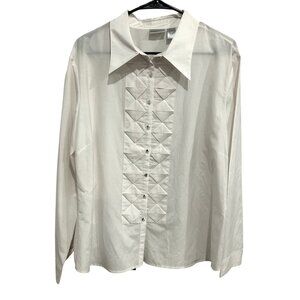Chicos White Long Sleeve Button-Up Silk Shirt Geometric Front Design Sz XL